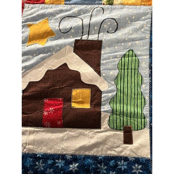 Handmade Winter Christmas Patchwork Appliqué Quilt Twin Snowmen Cabins Bears Fun - Picture 8 of 12